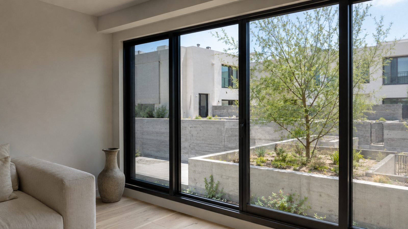 Laminated dual pane acoustic glass unit installed in a Riverside, CA living room