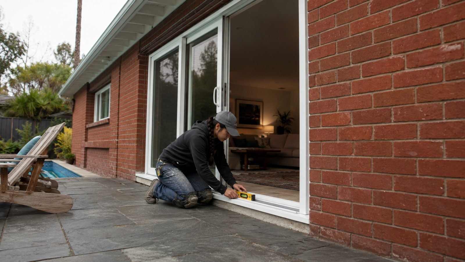 Installer levelling a sliding patio door sill in Riverside, CA