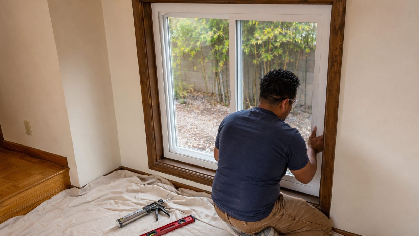 Retrofit window insert being fitted into an existing frame in Riverside, CA