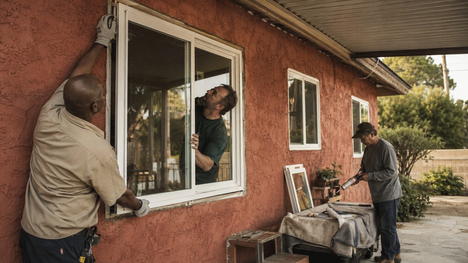 Two installers securing a broken window opening on a Riverside, CA home