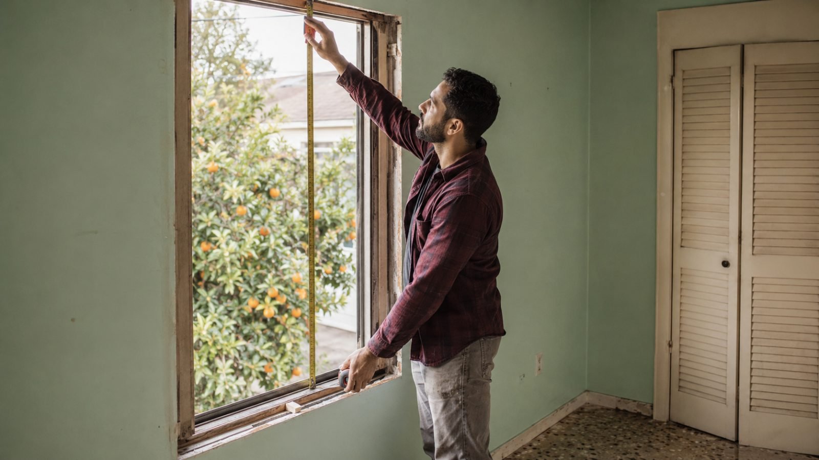 Installer fitting a clad wood window into a historic Riverside, CA opening